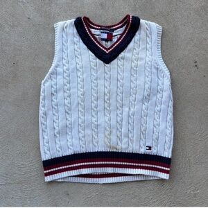 Tommy Hilfiger Men's V-Neck Sweater Vest - White with Navy and Red